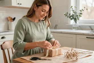 Témoin de mariage emballant un cadeau délicat dans une cuisine scandinave cosy pour un mariage intimiste