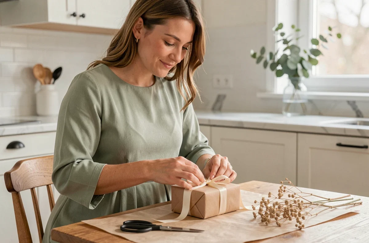 Témoin de mariage emballant un cadeau délicat dans une cuisine scandinave cosy pour un mariage intimiste