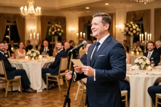 Témoin de mariage souriant au micro lors d'un discours émouvant devant les invités d'une réception élégante