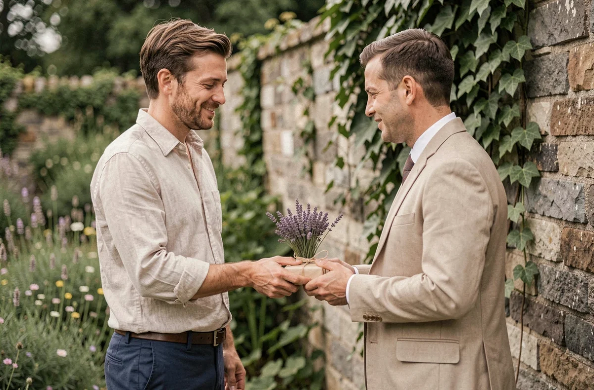 Témoin de mariage offrant un cadeau au marié dans un jardin rustique lors d'un mariage simple et intime