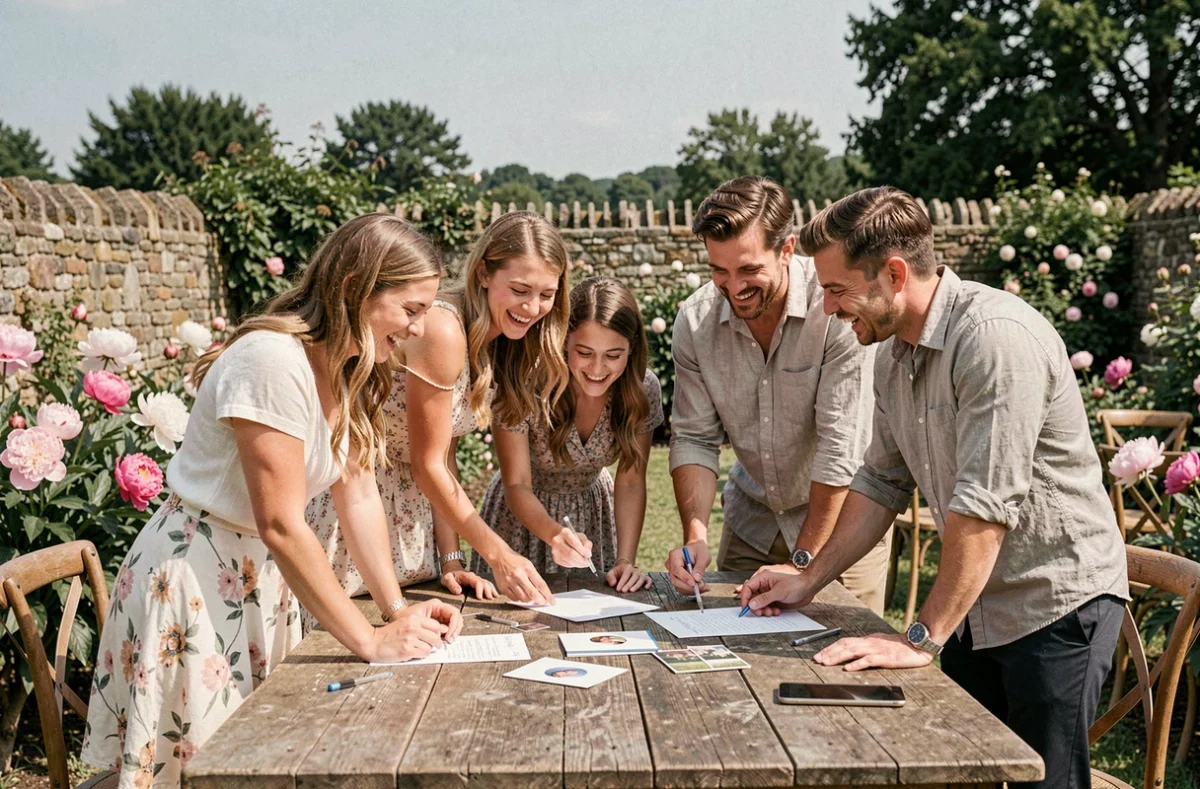 Groupe de témoins préparant une animation ludique pour le mariage autour d'une table en bois dans un jardin