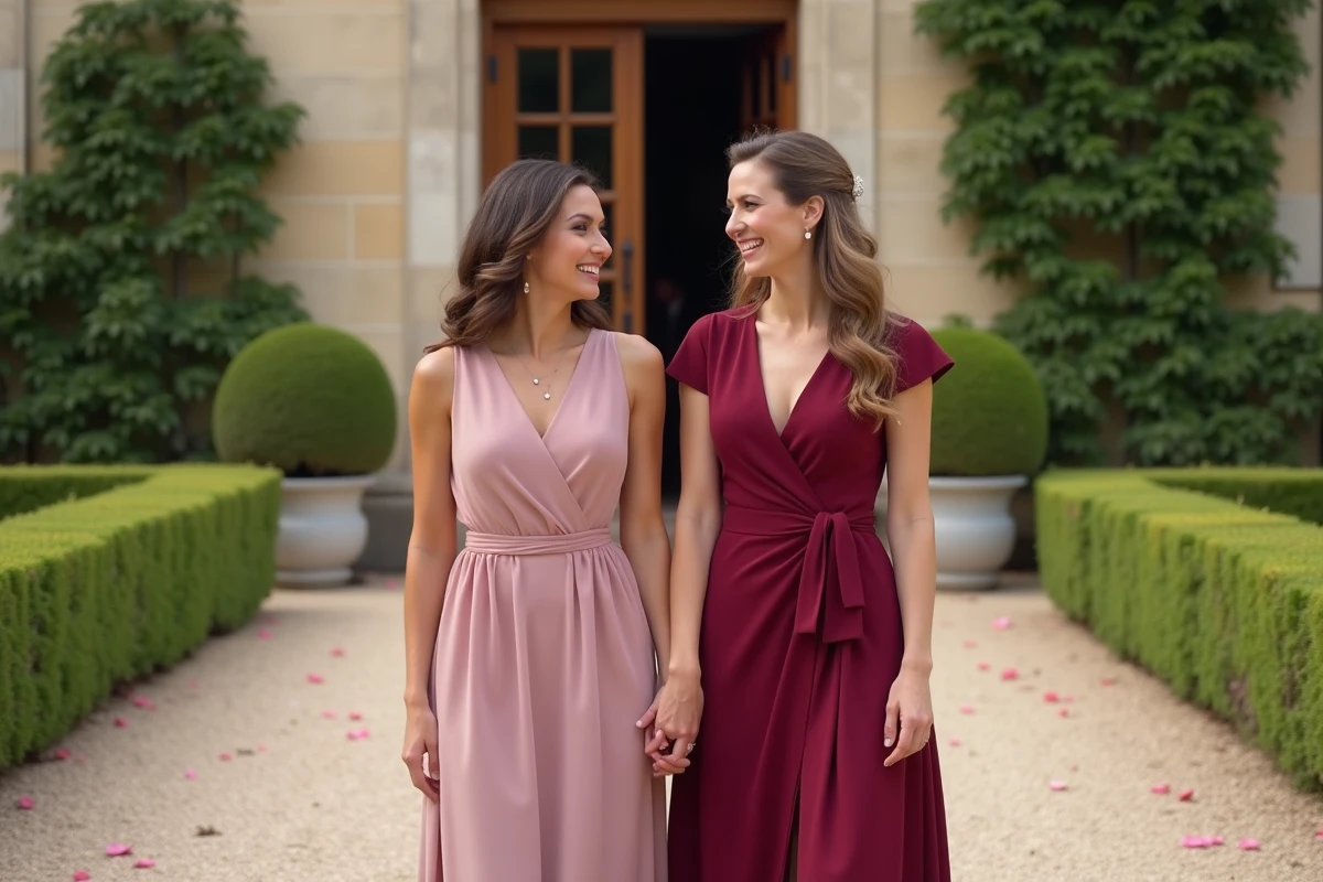 Deux témoins de mariage en robes élégantes devant un château bordelais