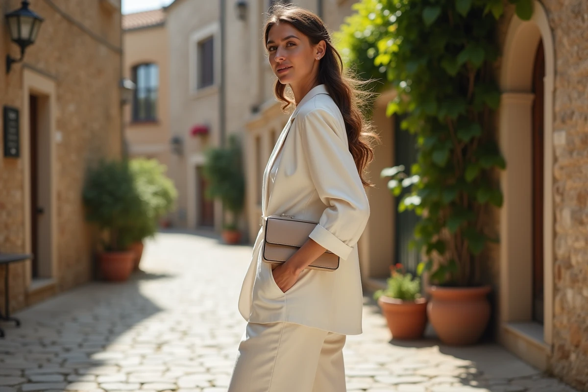 Mariée en tenue de mariage civil chic blazer et pantalon palazzo en lin ivoire dans une rue historique
