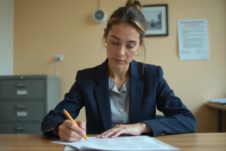 Femme consultant des documents officiels dans un bureau administratif pour une transcription de mariage à Nantes