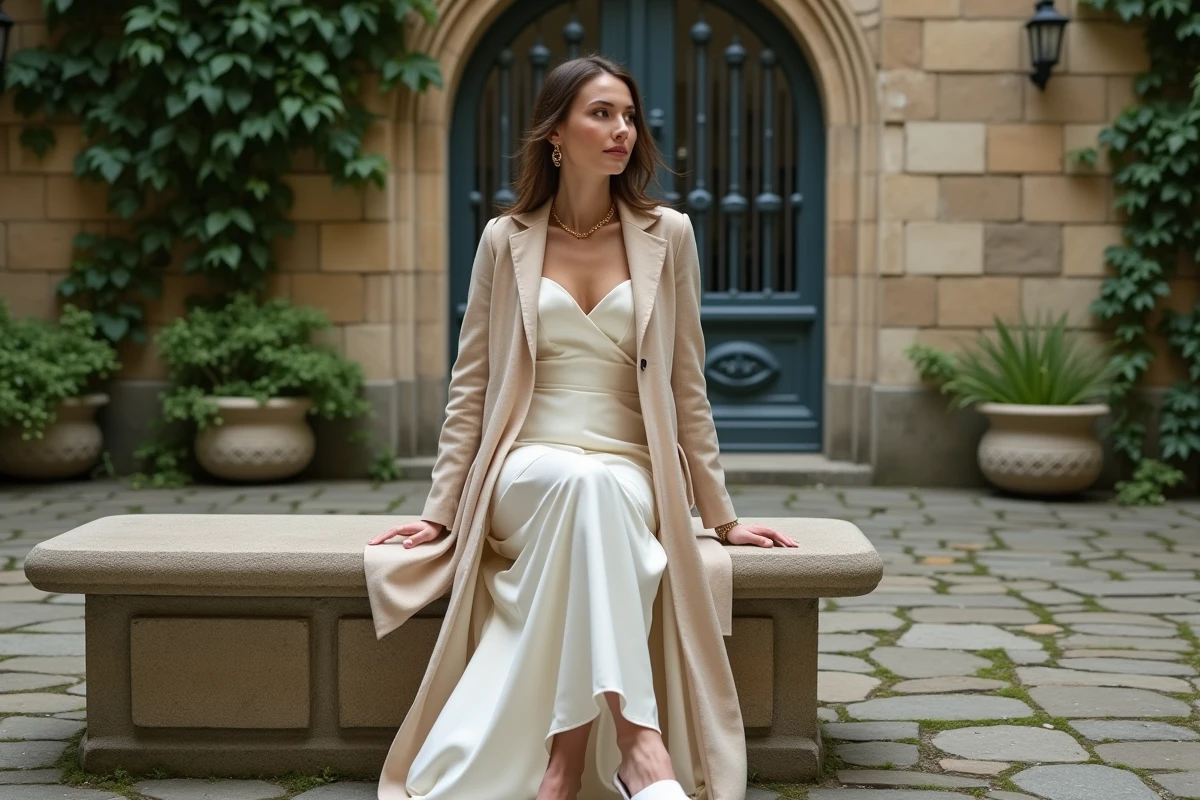 Femme assise dans une cour parisienne portant une robe meringue transformée en robe satin avec manteau lin beige pour mariage civil
