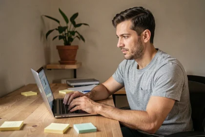 Homme rédigeant un avis client Shootnbox sur son ordinateur portable dans un bureau à domicile moderne