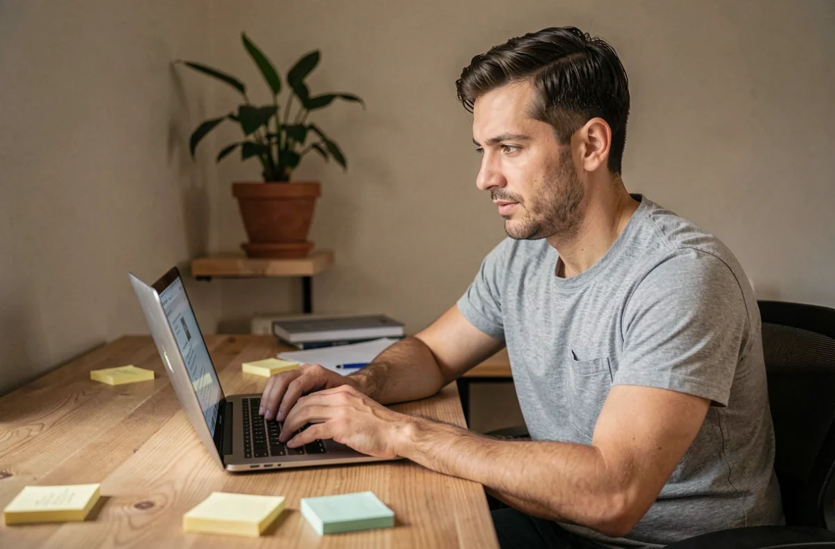 Homme rédigeant un avis client Shootnbox sur son ordinateur portable dans un bureau à domicile moderne