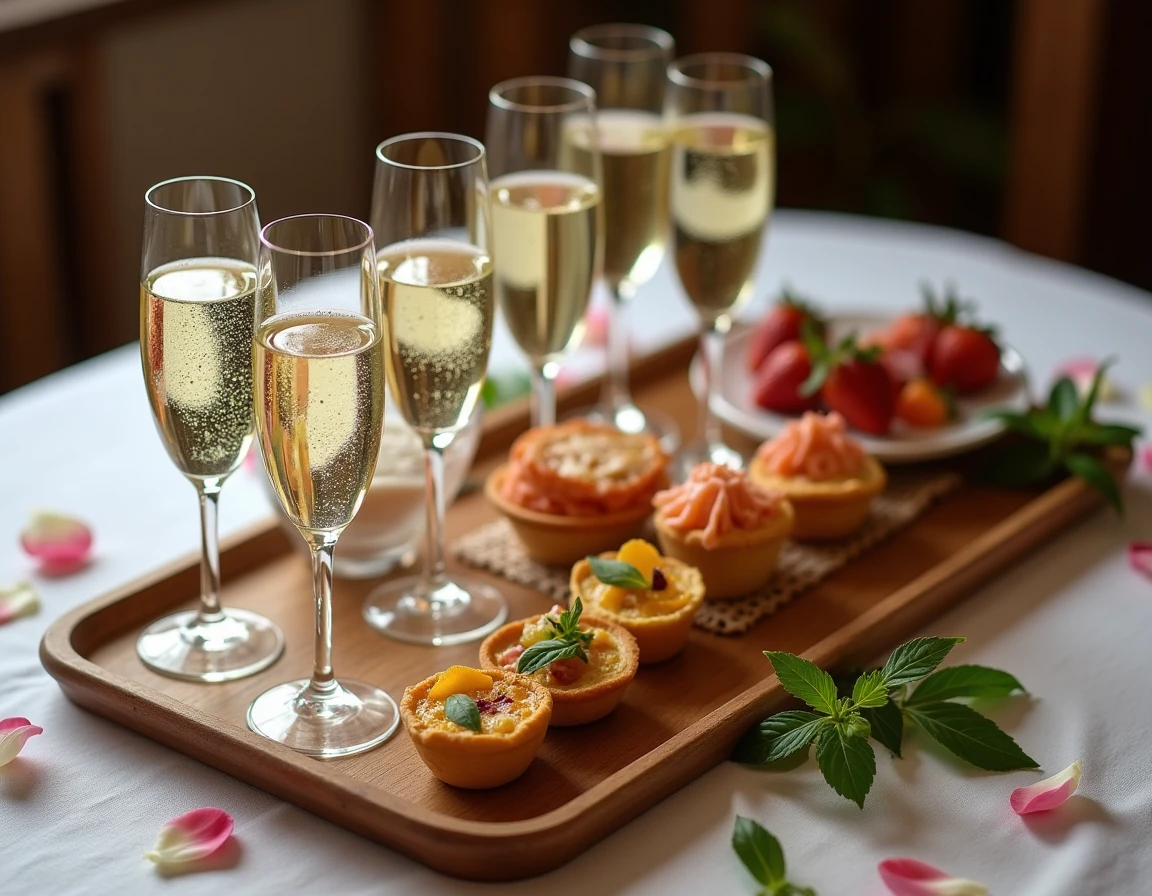 Vue de dessus d'un plateau de vin d'honneur avec flûtes de champagne et petits fours variés sur nappe en lin
