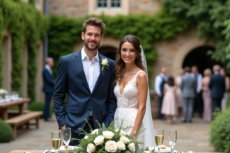 Couple de mariés devant une table de vin d'honneur champêtre avec flûtes de champagne et canapés sur terrasse en pierre