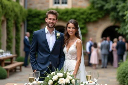 Couple de mariés devant une table de vin d'honneur champêtre avec flûtes de champagne et canapés sur terrasse en pierre
