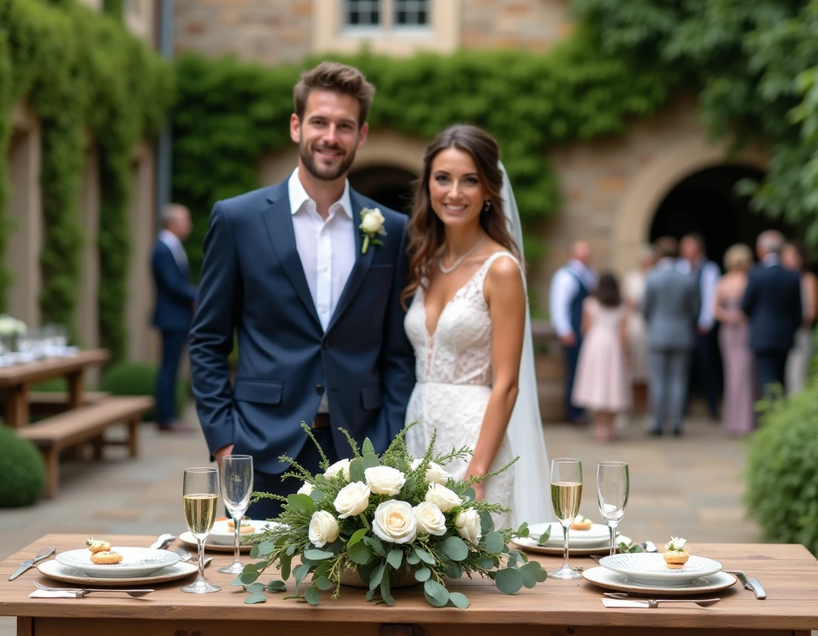 Couple de mariés devant une table de vin d'honneur champêtre avec flûtes de champagne et canapés sur terrasse en pierre