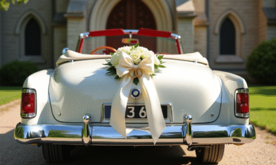 Voiture blanche de mariage décorée devant une vieille église