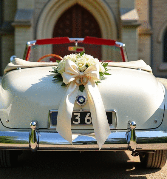 Voiture blanche de mariage décorée devant une vieille église