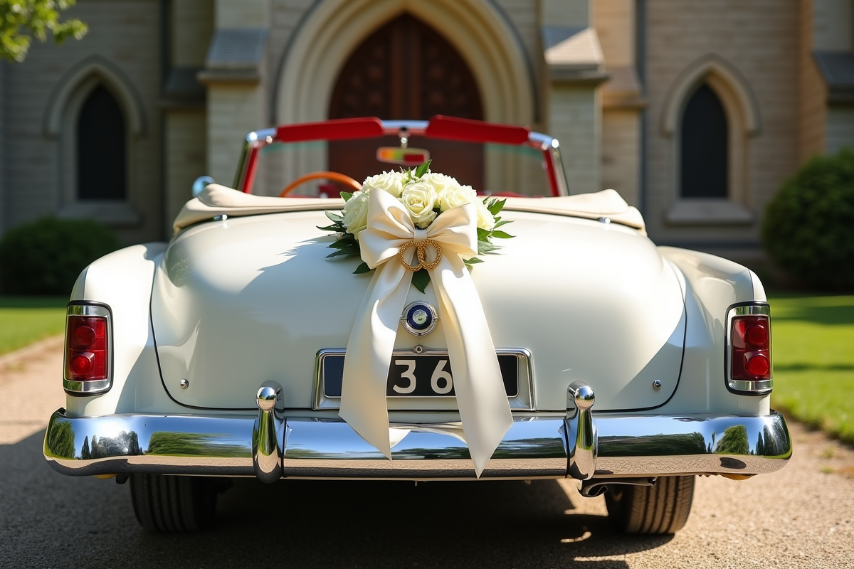 Voiture blanche de mariage décorée devant une vieille église