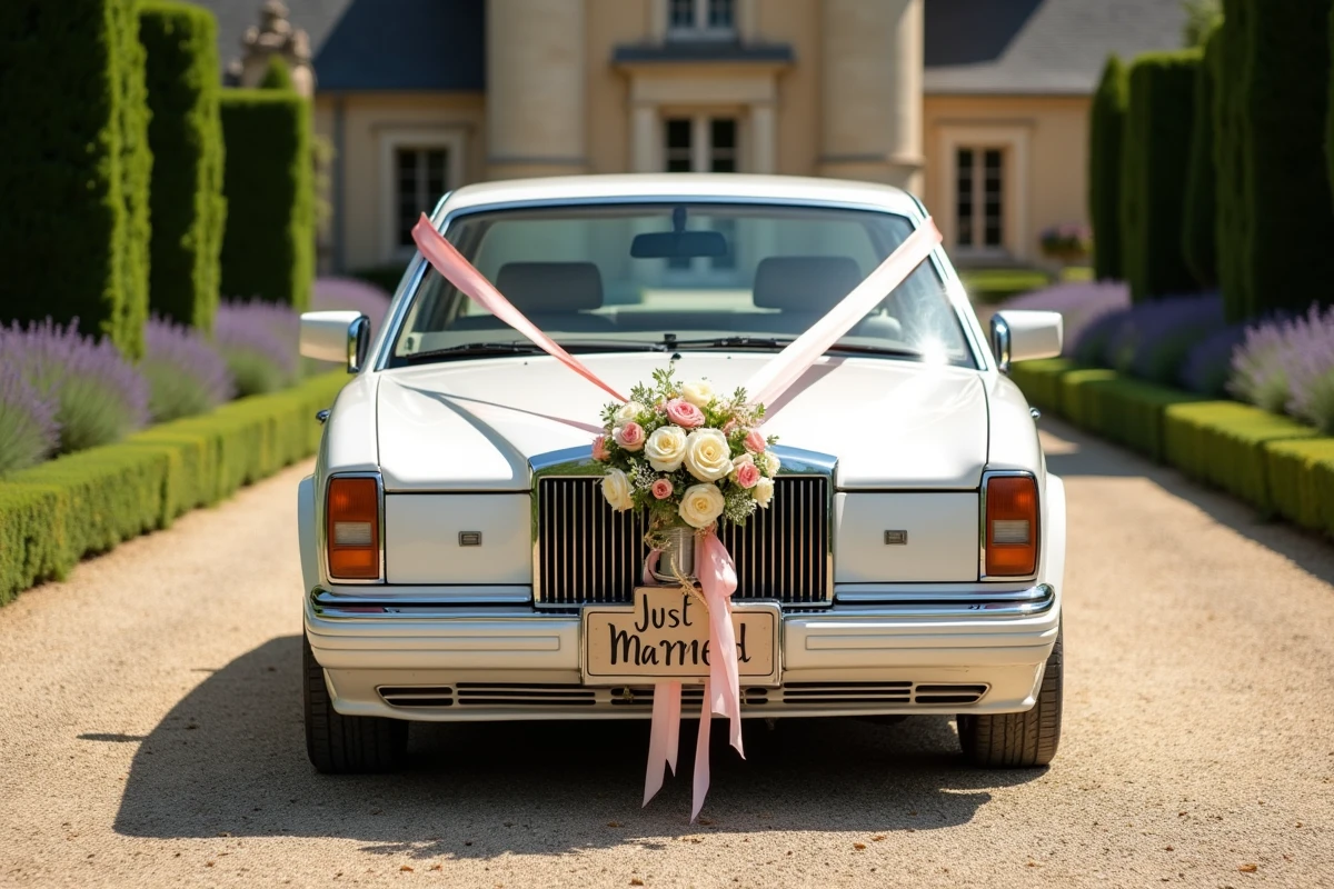 Voiture de mariage blanche décorée de rubans colorés, bouquets de roses et panneau Just Married devant un château provençal
