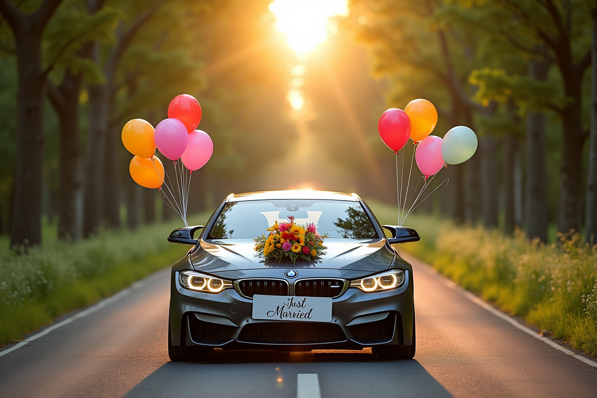 Voiture moderne avec ballons et fleurs pour mariage en campagne